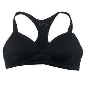FLEX OWN IT Women's V-Neck Sports Bra Racerback Solid Polyester Black Large